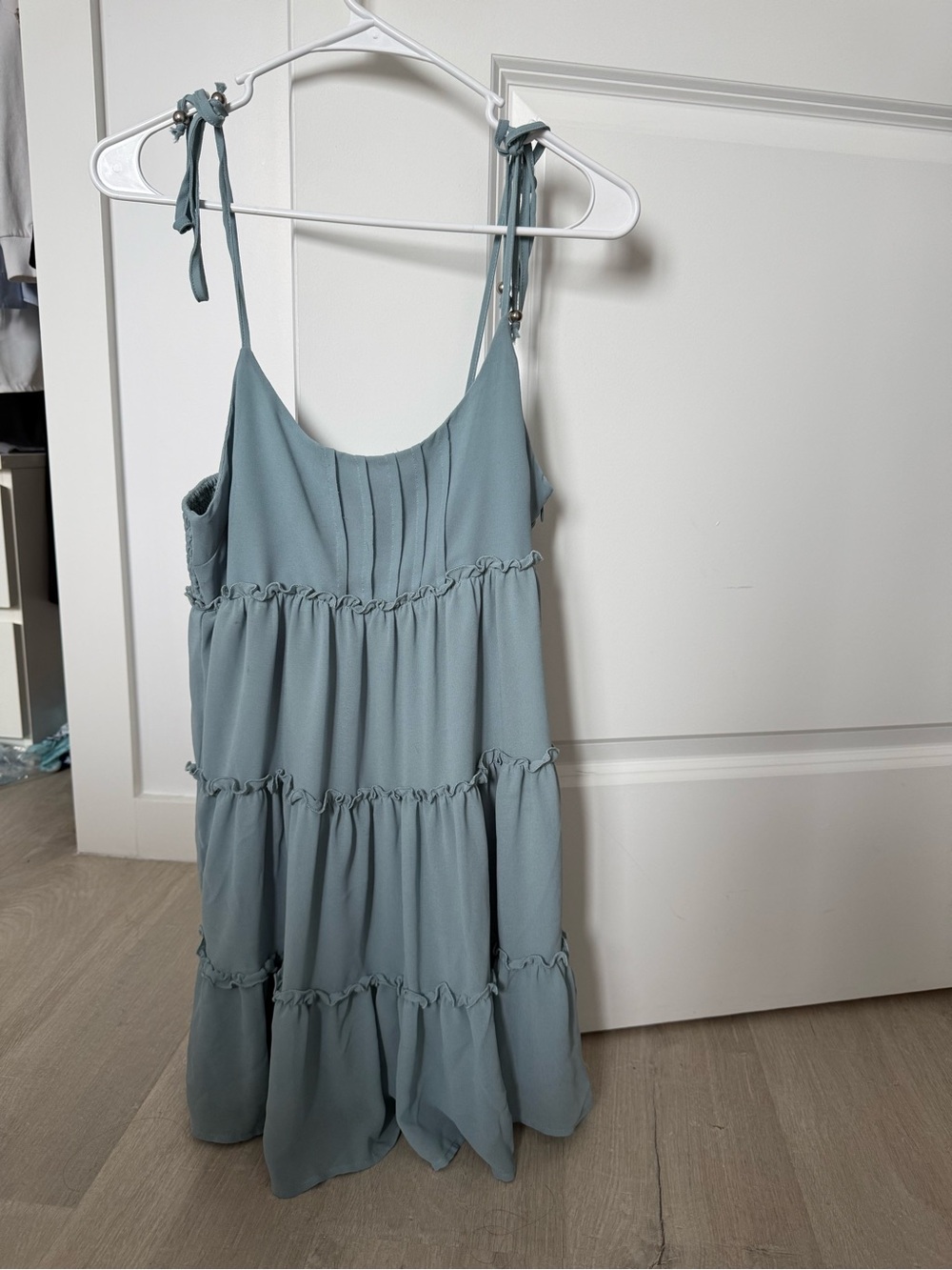 Light Blue Tie-Shoulder Tiered Mini Dress